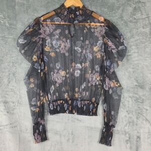 Womens Top XL Black Dark Romantic Floral Sheer Whimsigoth Mock Neck Fairy Grunge